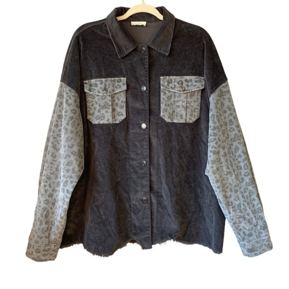 Oddy Corduroy Leopard Print Shacket Jacket Charcoal‎ Gray Distressed Size XL
